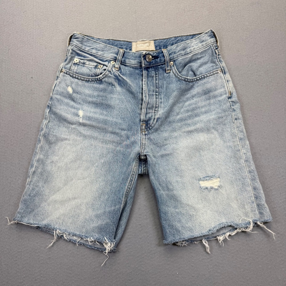 Everlane The Cheeky Long Short Light Wash Distressed Denim Bermuda Shorts Sz 26‎